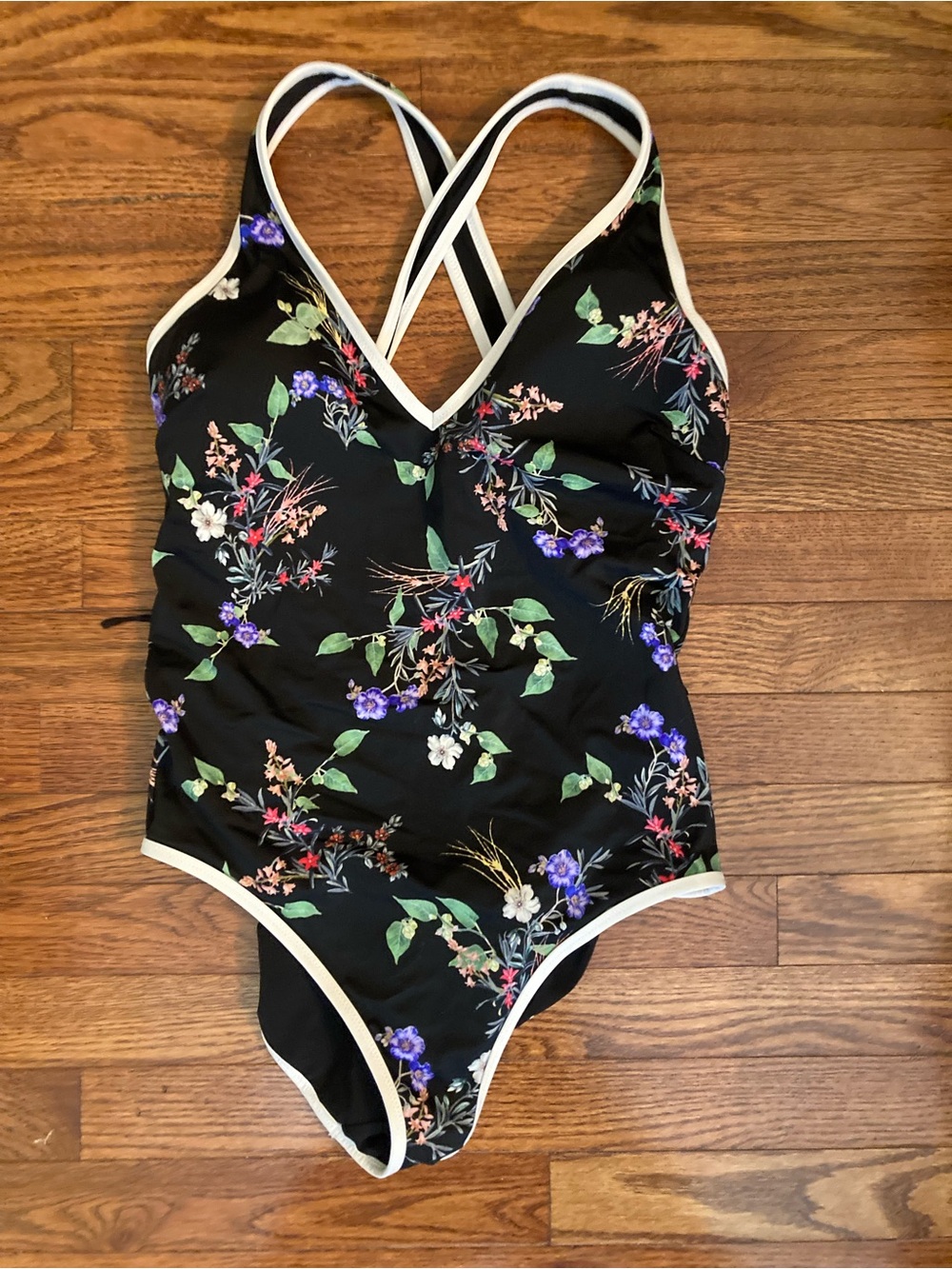 Athleta Black Floral One-Piece Swimsuit with White Trim